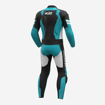 Custom Motorcycle One Piece Suit in Cyan & Black - Leather Racing Suit with CE Armor