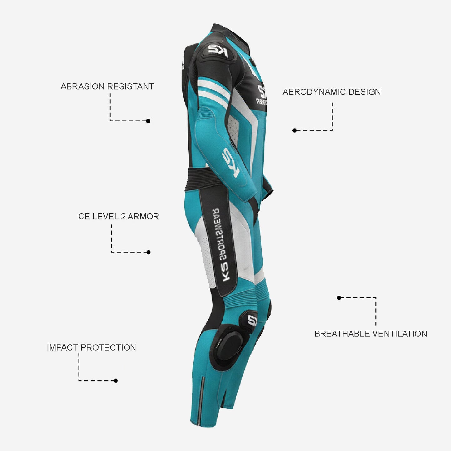 Custom Motorcycle One Piece Suit in Cyan & Black - Leather Racing Suit with CE Armor