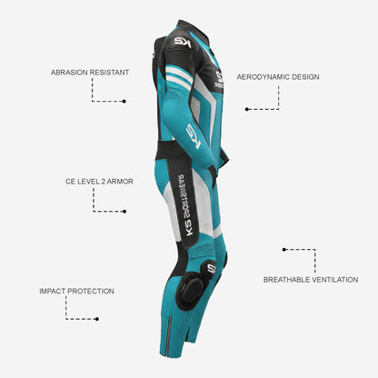 Custom Motorcycle One Piece Suit in Cyan & Black - Leather Racing Suit with CE Armor