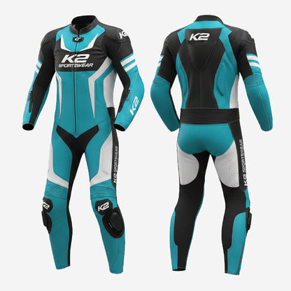Custom Motorcycle One Piece Suit in Cyan & Black - Leather Racing Suit with CE Armor