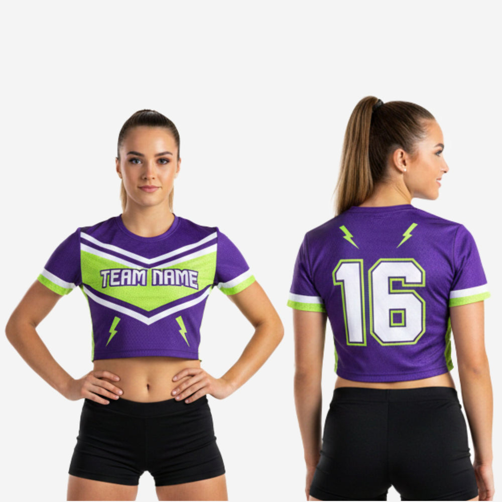 Custom Cheerleading Crop Top - Purple Lime Green Design