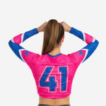 Cheer Top mit individuellem Teamnamen und Nummer – V-Ausschnitt Wettkampf-Shell in Pink & Blau