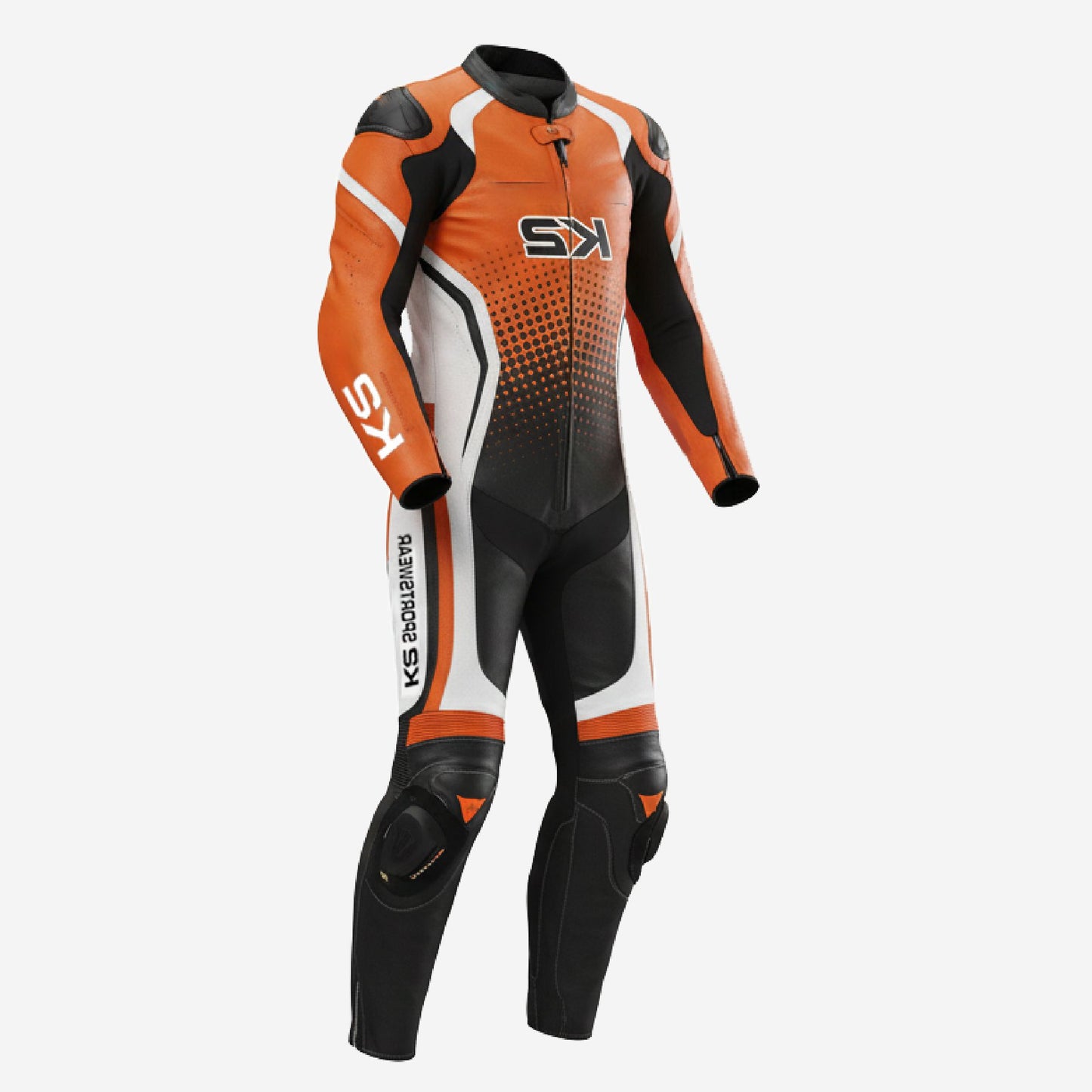 Custom Motorcycle One Piece Suit in Orange & Black - Leather Racing Suit with CE Armor
