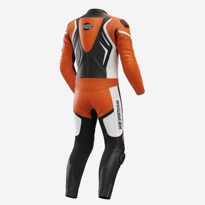 Custom Motorcycle One Piece Suit in Orange & Black - Leather Racing Suit with CE Armor