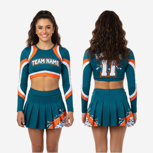 Custom Cheer Uniforms - Sublimated Long Sleeve Crop Top & Athletic Skirt Set