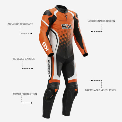 Custom Motorcycle One Piece Suit in Orange & Black - Leather Racing Suit with CE Armor