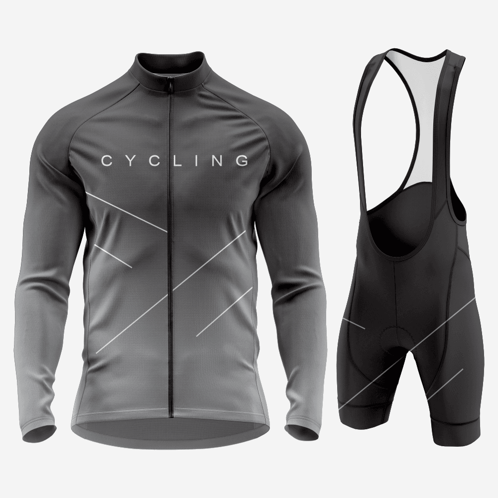 Men's Long Sleeve Cycling Jersey and Bib Shorts Outfit - Gray