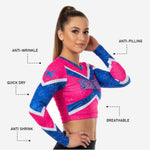 Cheer Top mit individuellem Teamnamen und Nummer – V-Ausschnitt Wettkampf-Shell in Pink & Blau