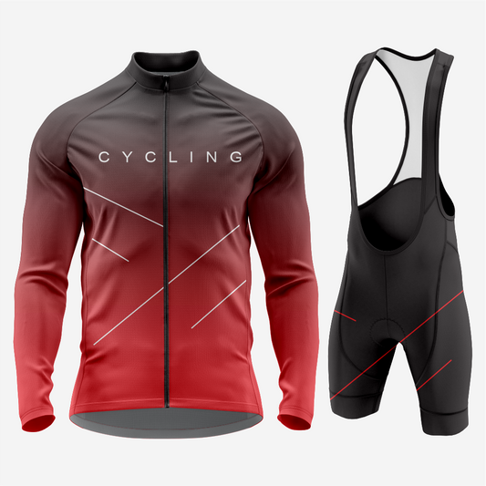 Men’s Long Sleeve Cycling Top and Bib Shorts Set - Red & Gray