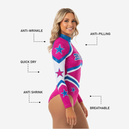 Personalized Cheer Bodysuit - Deep Pink Glitter High Neck Design