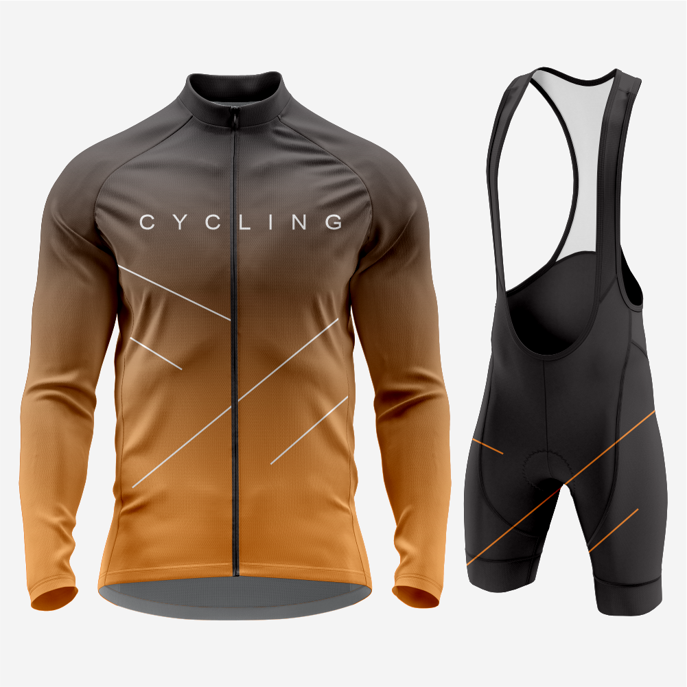 Men's Long Sleeve Cycling Jersey and Bib Shorts Outfit - Brown & Gray