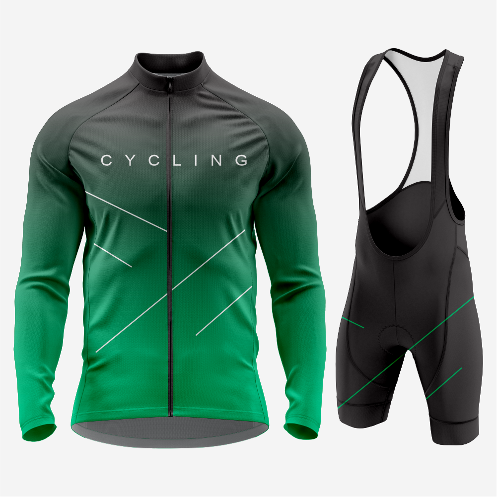 Men's Long Sleeve Cycling Jersey and Bib Shorts Outfit - Green & Gray