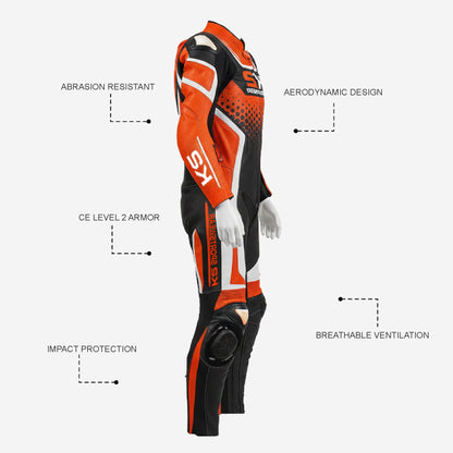 Custom Motorcycle Leather Racing Suit in Orange & Black - One Piece Racing Suit