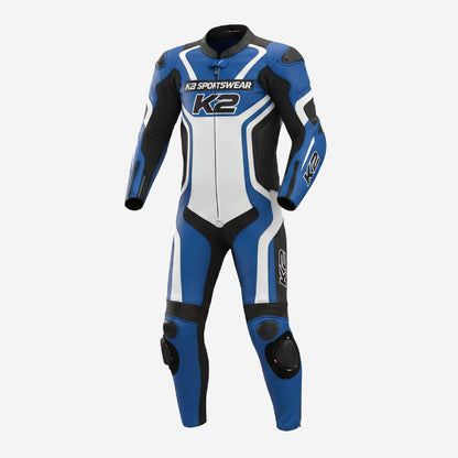Custom Motorcycle Blue Racing Leather Suit - One Piece Track Day Suit with Armor