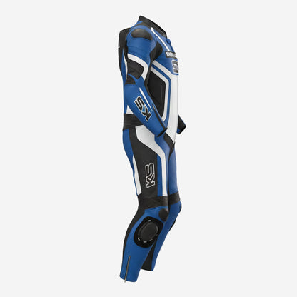 Custom Motorcycle Blue Racing Leather Suit - One Piece Track Day Suit with Armor