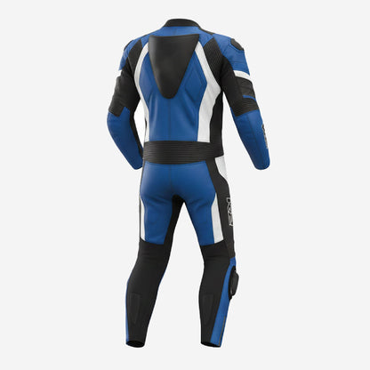 Custom Motorcycle Blue Racing Leather Suit - One Piece Track Day Suit with Armor