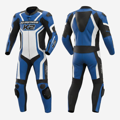 Custom Motorcycle Blue Racing Leather Suit - One Piece Track Day Suit with Armor