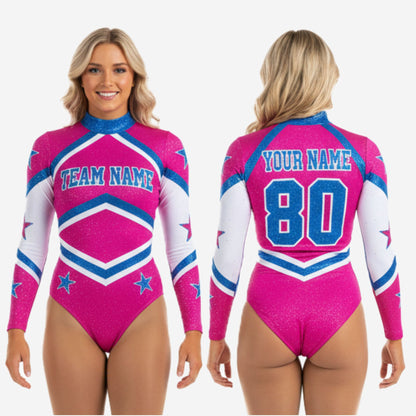 Personalized Cheer Bodysuit - Deep Pink Glitter High Neck Design