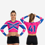 Cheer Top mit individuellem Teamnamen und Nummer – V-Ausschnitt Wettkampf-Shell in Pink & Blau