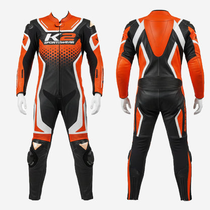Custom Motorcycle Leather Racing Suit in Orange & Black - One Piece Racing Suit