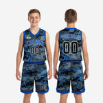 Youth size and spec sheet for grey camo and royal blue sublimated 12U basketball uniform set