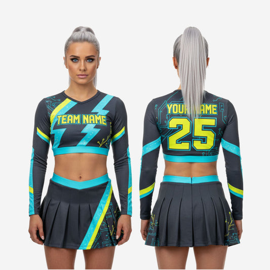 Custom Cheerleading Uniforms Set - Long Sleeve Crop Top & Skirt with Built-in Shorts