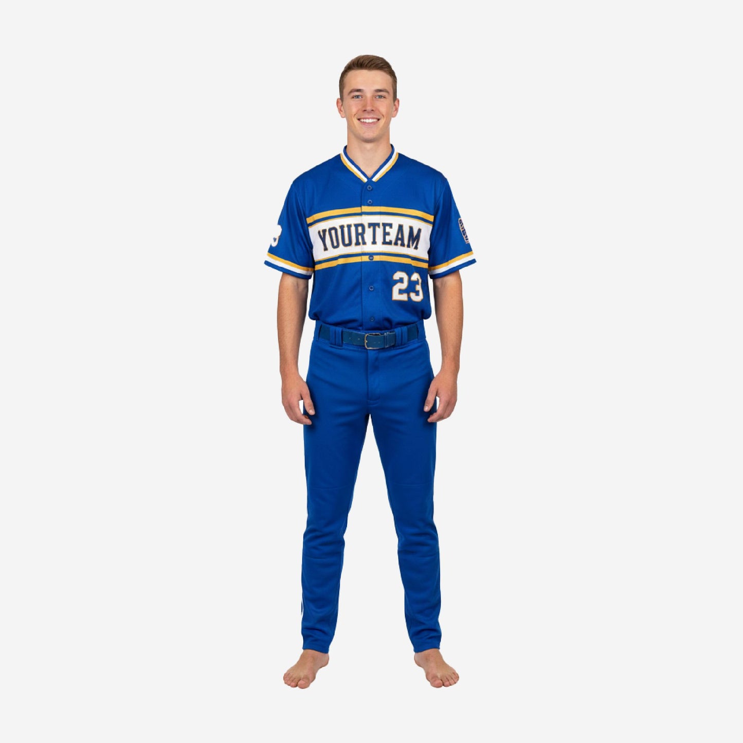 Custom Youth Baseball Uniform Set - V-Neck Jersey & Pants Sublimated in Blue