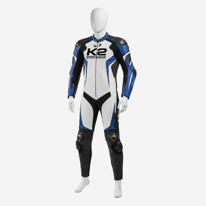 Custom Motorcycle Leather Racing Suit in White & Blue - One Piece Racing Suit