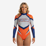 Custom Cheerleading Bodysuit - Orange Navy Silver Sparkle Long Sleeve Uniform