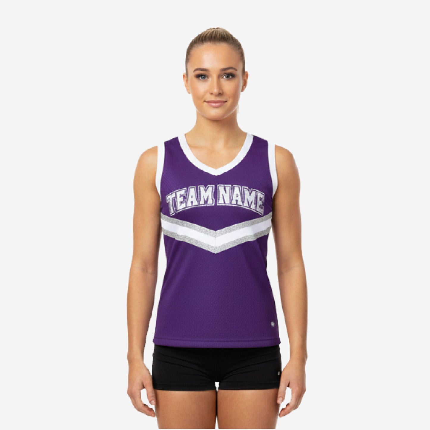 Custom Printed Cheerleading Practice Jersey - Purple White Silver Sleeveless Shell