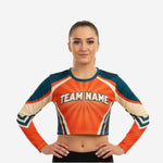 Long Sleeve Custom Sublimated Cheerleading Crop Top - Orange and Green Design