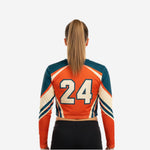 Long Sleeve Custom Sublimated Cheerleading Crop Top - Orange and Green Design