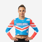 Long Sleeve Cheerleading Crop Top - Personalized Blue Red Cloud Print Jersey