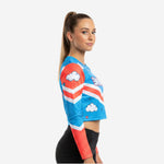 Long Sleeve Cheerleading Crop Top - Personalized Blue Red Cloud Print Jersey
