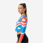 Long Sleeve Cheerleading Crop Top - Personalized Blue Red Cloud Print Jersey