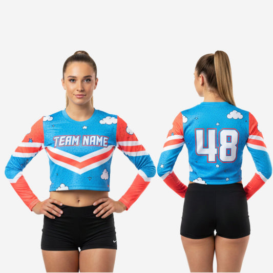 Long Sleeve Cheerleading Crop Top - Personalized Blue Red Cloud Print Jersey