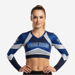 Benutzerdefiniertes Cheerleading-Crop-Top mit Zahlen – Uniform Marineblau & Silber