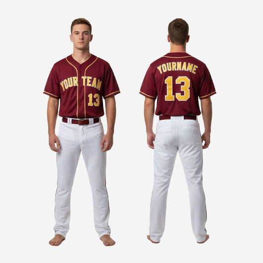 Personalized Baseball Uniform in Burgundy - Custom V-Neck Jersey & Pants Complete Set