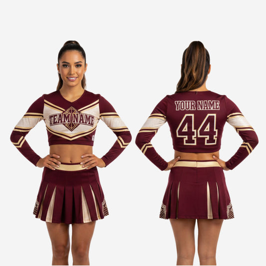 Custom Cheerleading Uniforms Set - Long Sleeve Crop Top & Skirt with Built-in Shorts