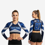 Benutzerdefiniertes Cheerleading-Crop-Top mit Zahlen – Uniform Marineblau & Silber