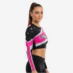Custom Cheerleading Crop Top with Numbers - Black Hot Pink Silver Sparkle Uniform