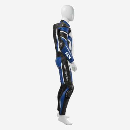 Custom Motorcycle Leather Racing Suit in White & Blue - One Piece Racing Suit