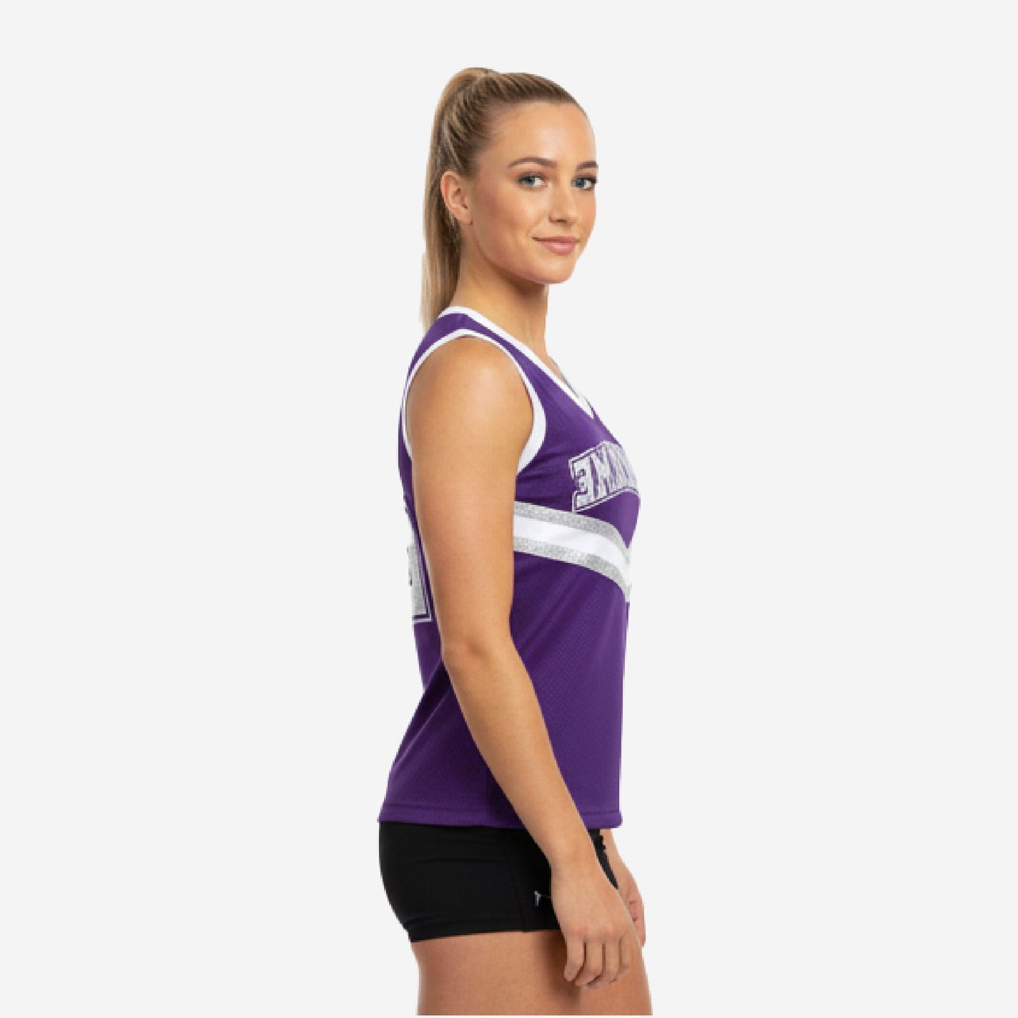 Custom Printed Cheerleading Practice Jersey - Purple White Silver Sleeveless Shell