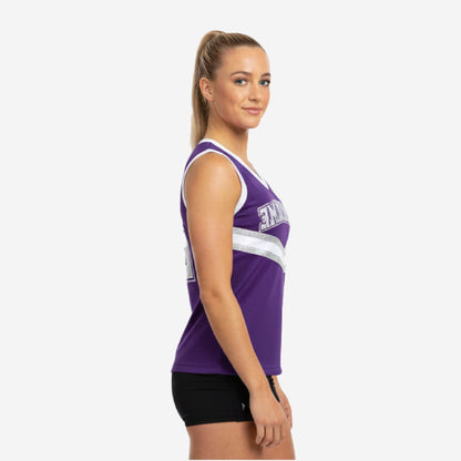 Custom Printed Cheerleading Practice Jersey - Purple White Silver Sleeveless Shell