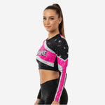 Custom Cheerleading Crop Top with Numbers - Black Hot Pink Silver Sparkle Uniform