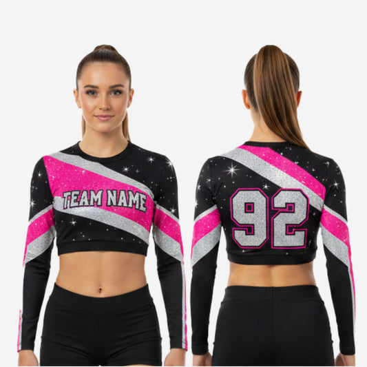 Custom Cheerleading Crop Top with Numbers - Black Hot Pink Silver Sparkle Uniform