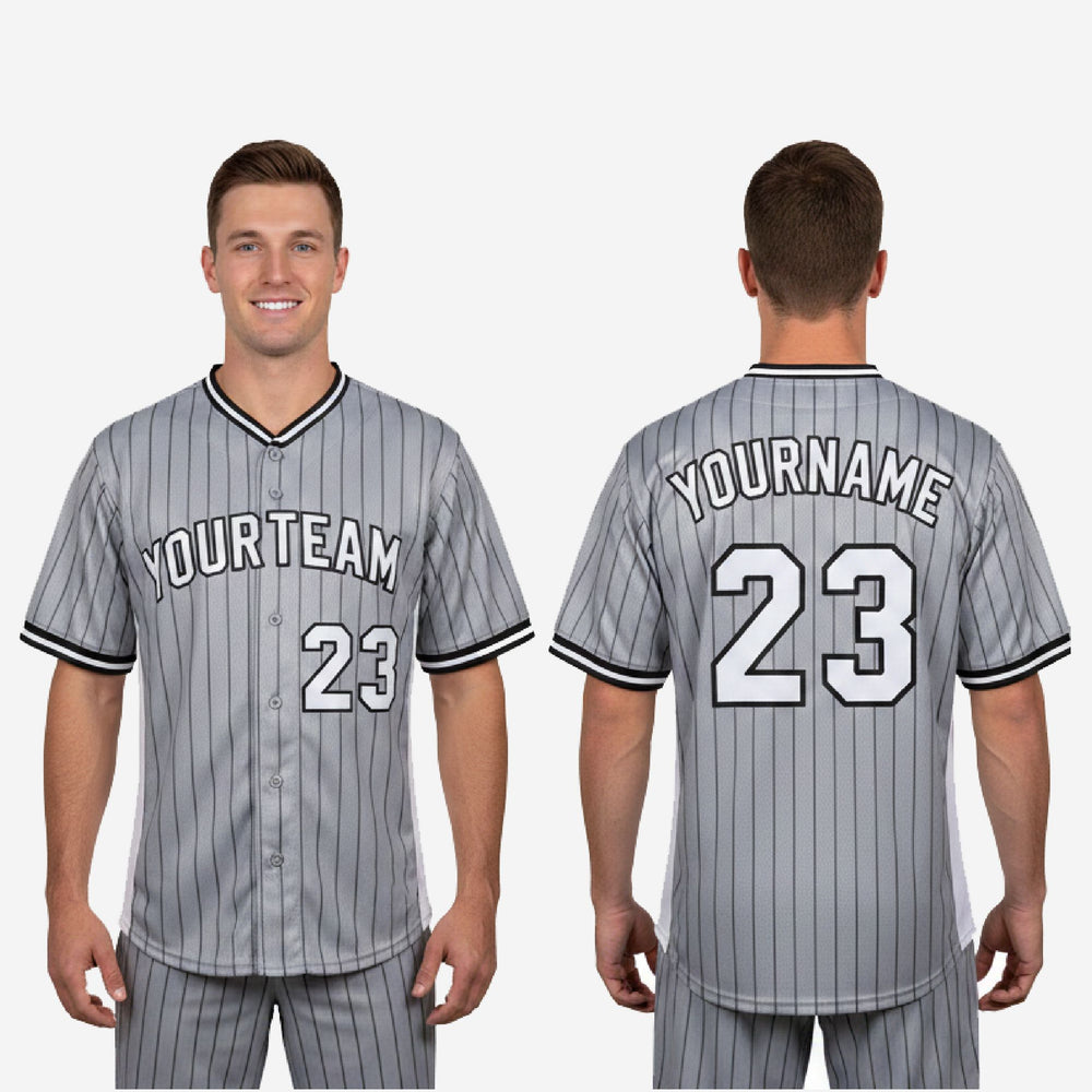 Custom Baseball Uniform Jersey - Youth & Adult Pinstripe Full Button Jersey in Gray