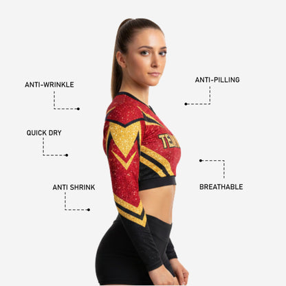 Long Sleeve Burgundy Glitter Cheer Crop Top- Personalized Team Name & Player Number