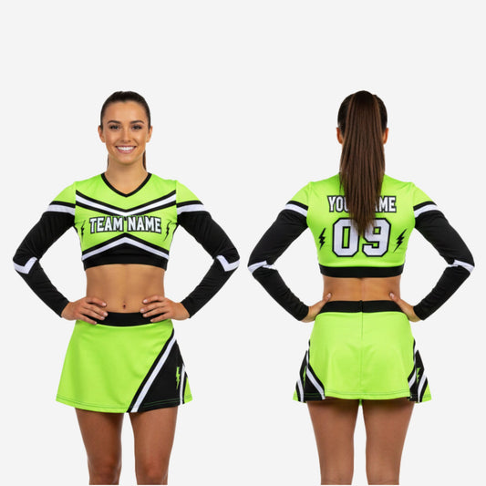 Custom Cheerleading Uniforms Set - Long Sleeve Crop Top & Skirt with Built-in Shorts