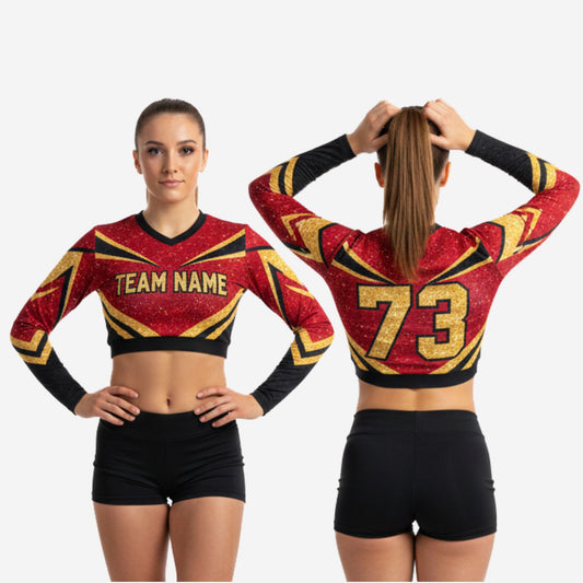 Long Sleeve Burgundy Glitter Cheer Crop Top- Personalized Team Name & Player Number